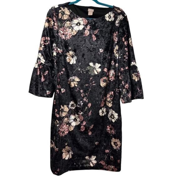 Chico’s Crushed Velvet Floral Dress, Stretch ¾ Bell Sleeve Pullover | 1 (8-10) - Picture 2 of 9